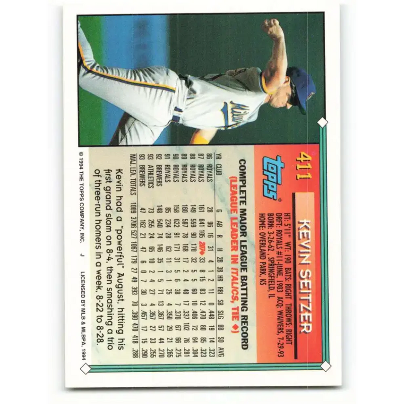 1994 Topps #411 Kevin Seitzer EX Excellent Milwaukee Brewers Baseball Card - Baseball Card Single