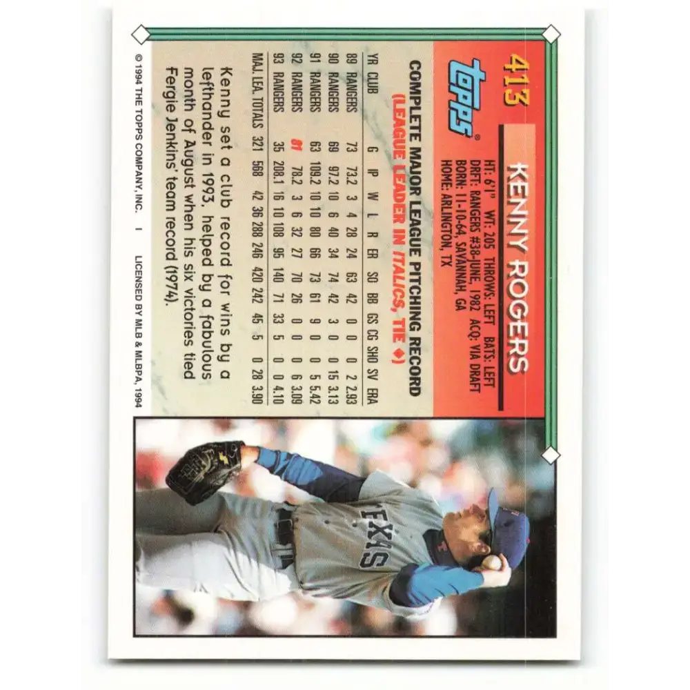1994 Topps #413 Kenny Rogers EX Excellent Texas Rangers Baseball Card - Baseball Card Single