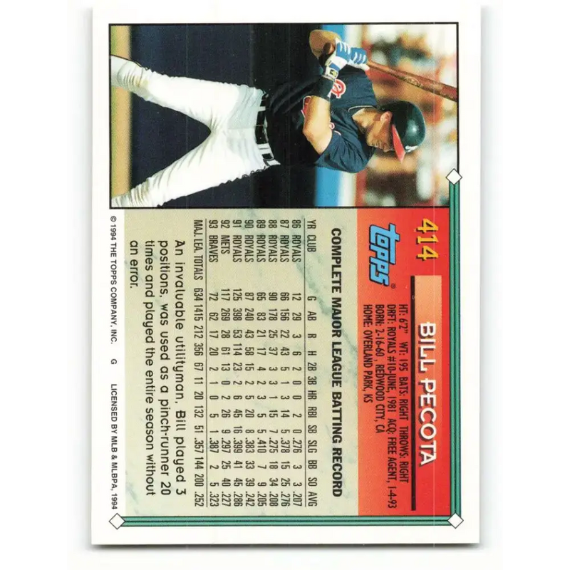 1994 Topps #414 Bill Pecota EX Excellent Atlanta Braves Baseball Card - Baseball Card Single