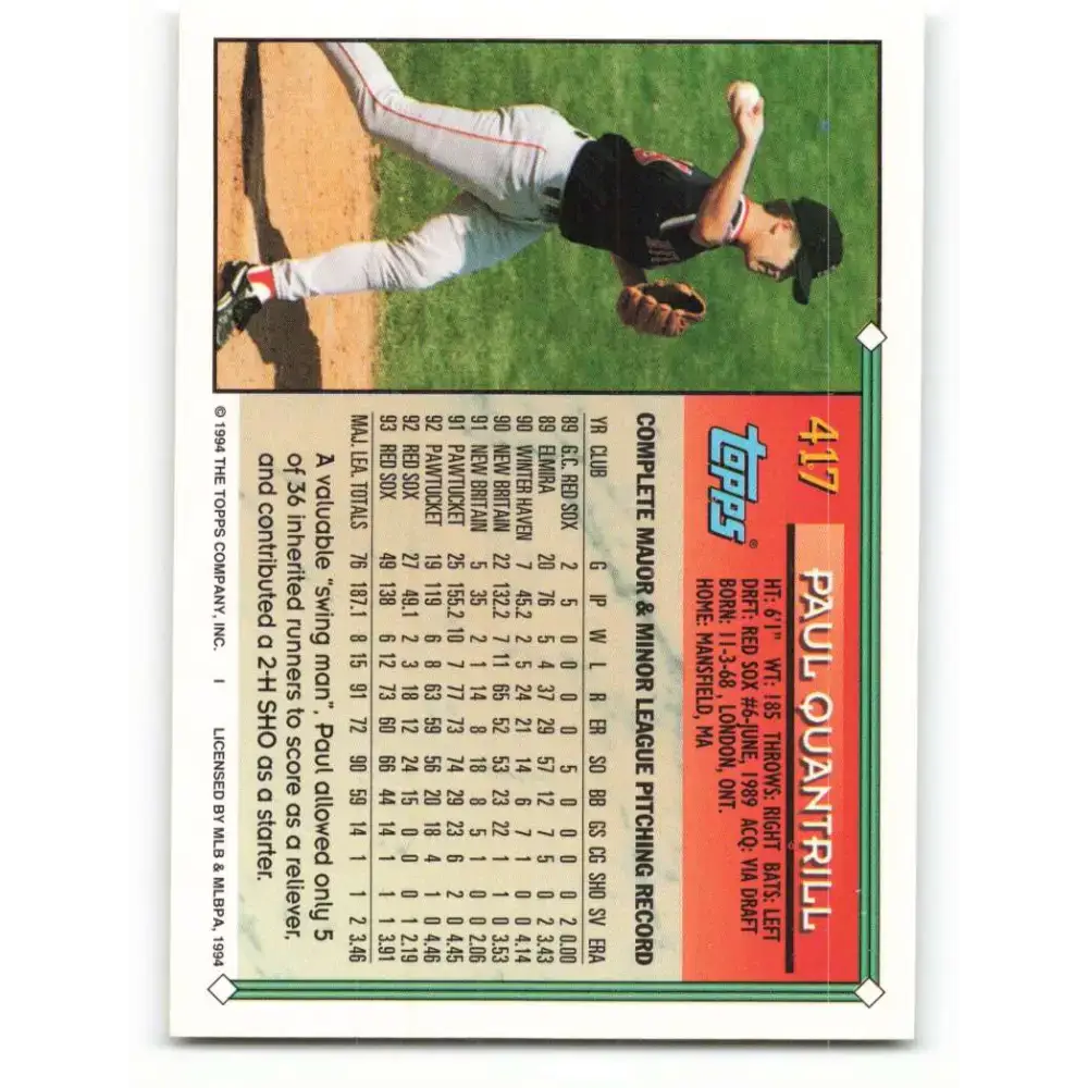 1994 Topps #417 Paul Quantrill EX Excellent Boston Red Sox Baseball Card - Baseball Card Single