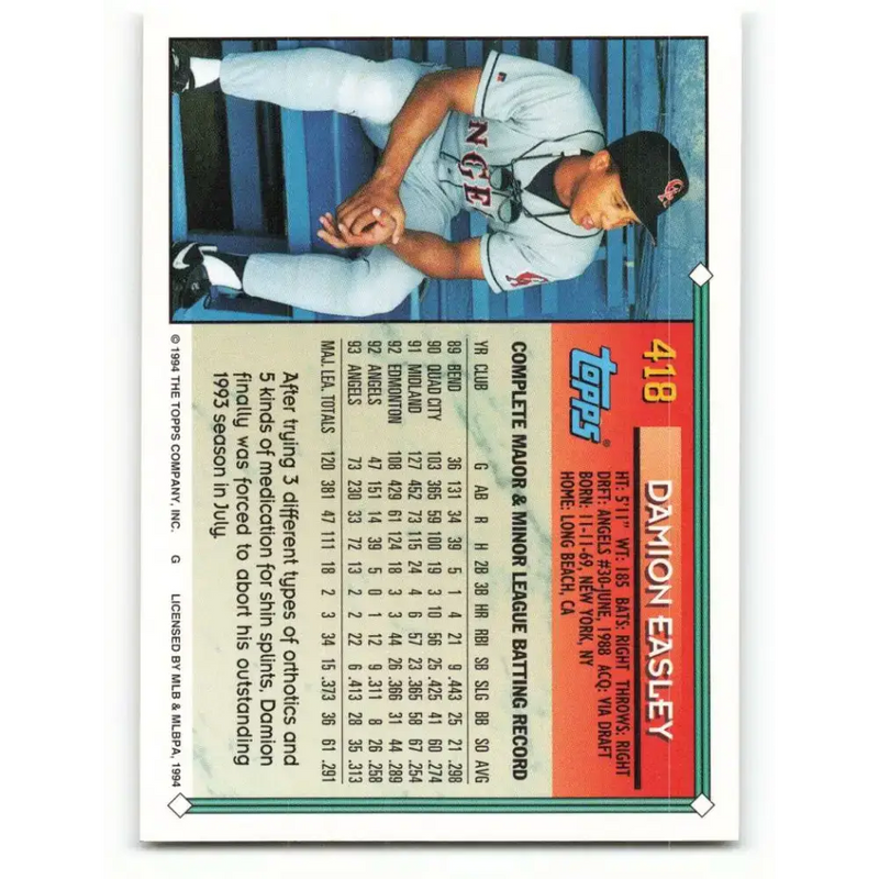 1994 Topps #418 Damion Easley EX Excellent California Angels Baseball Card - Baseball Card Single
