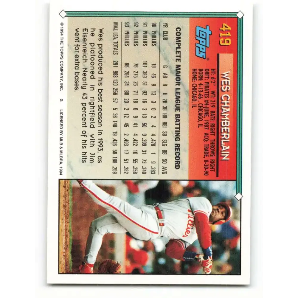 1994 Topps #419 Wes Chamberlain EX Excellent Philadelphia Phillies Baseball Card - Baseball Card Single