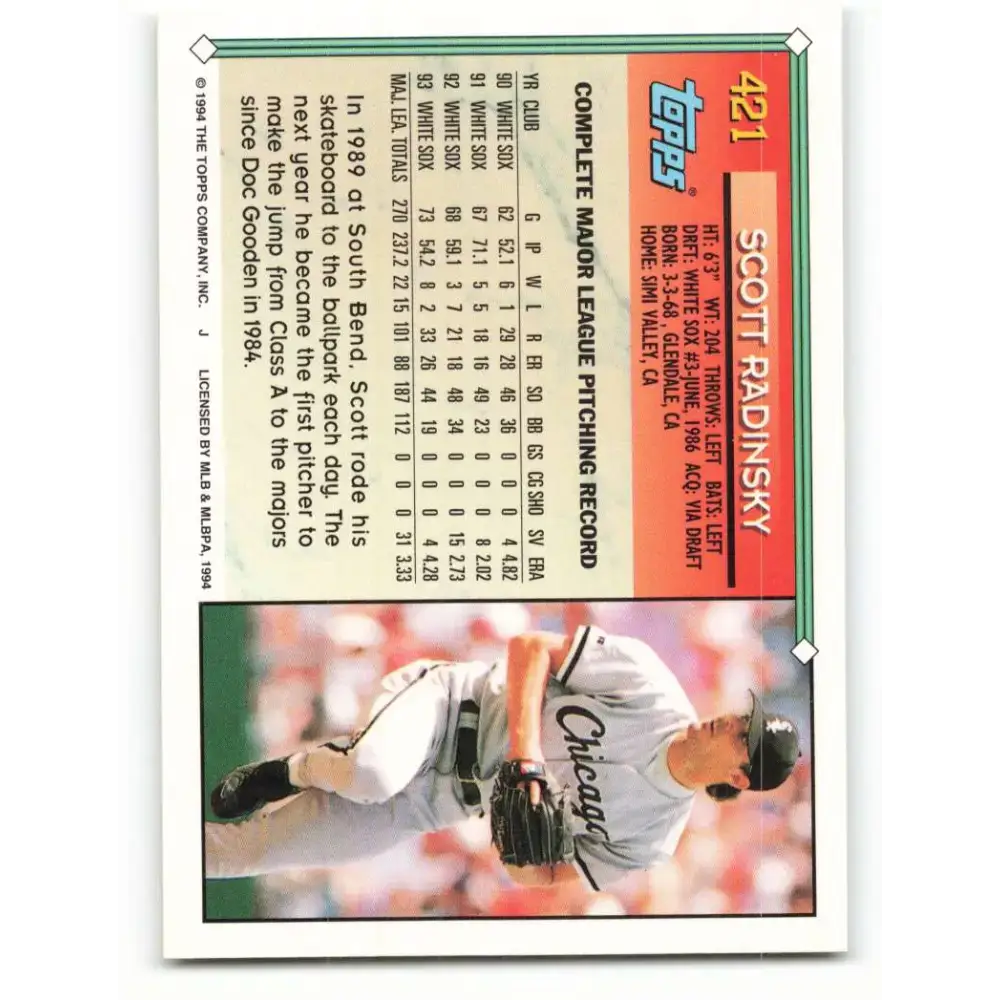 1994 Topps #421 Scott Radinsky EX Excellent Chicago White Sox Baseball Card - Baseball Card Single