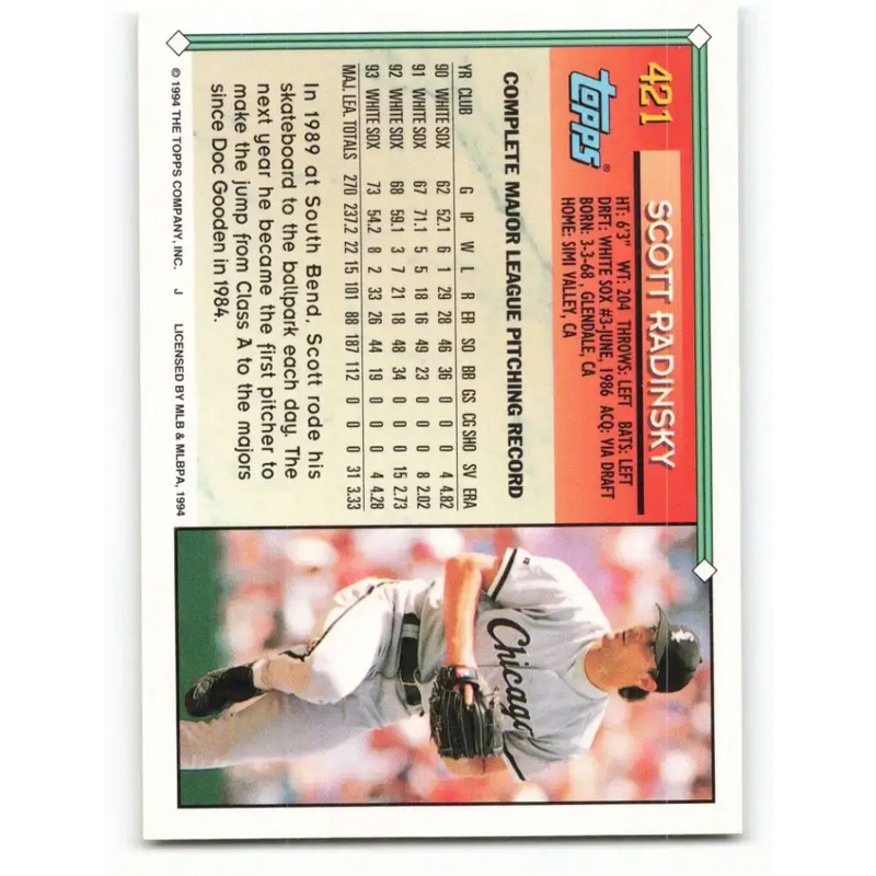 1994 Topps #421 Scott Radinsky EX Excellent Chicago White Sox Baseball Card - Baseball Card Single