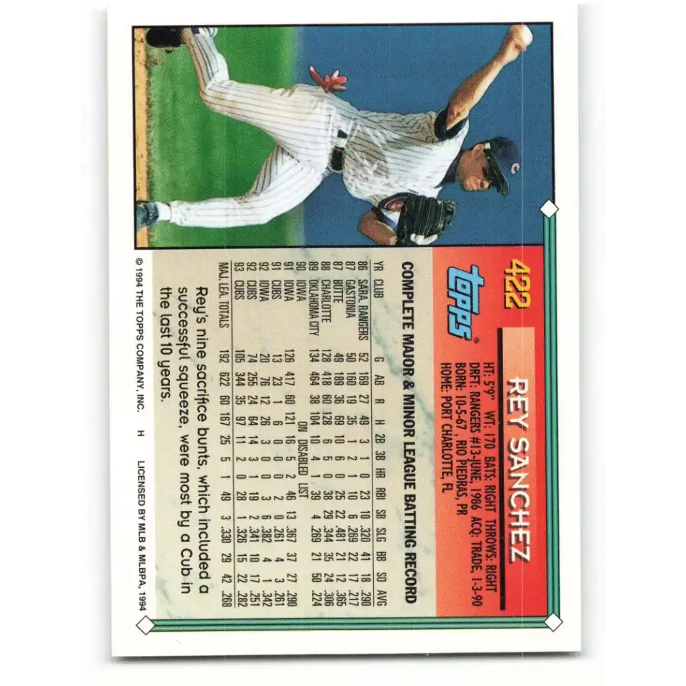 1994 Topps #422 Rey Sanchez EX Excellent Chicago Cubs Baseball Card - Baseball Card Single