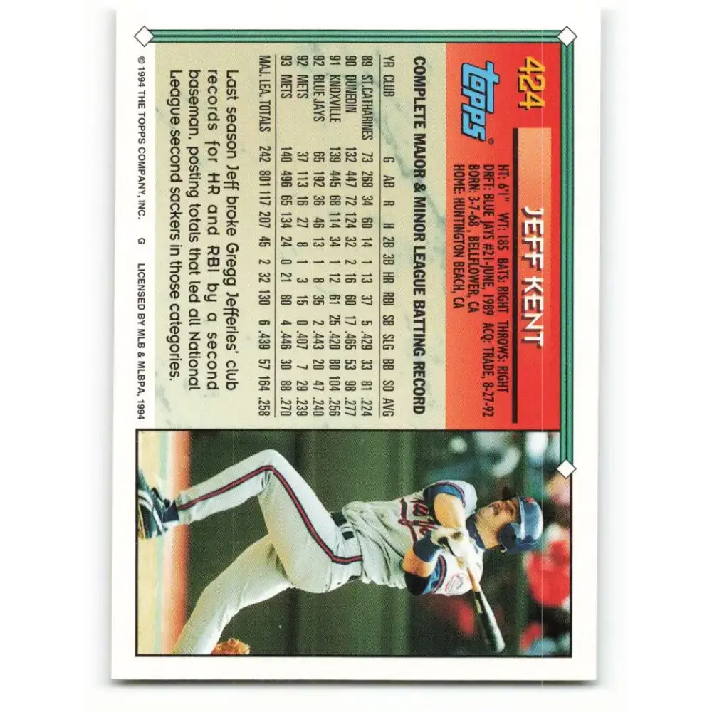 1994 Topps #424 Jeff Kent EX Excellent New York Mets Baseball Card - Baseball Card Single