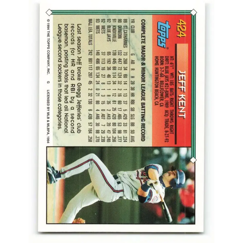1994 Topps #424 Jeff Kent EX Excellent New York Mets Baseball Card - Baseball Card Single