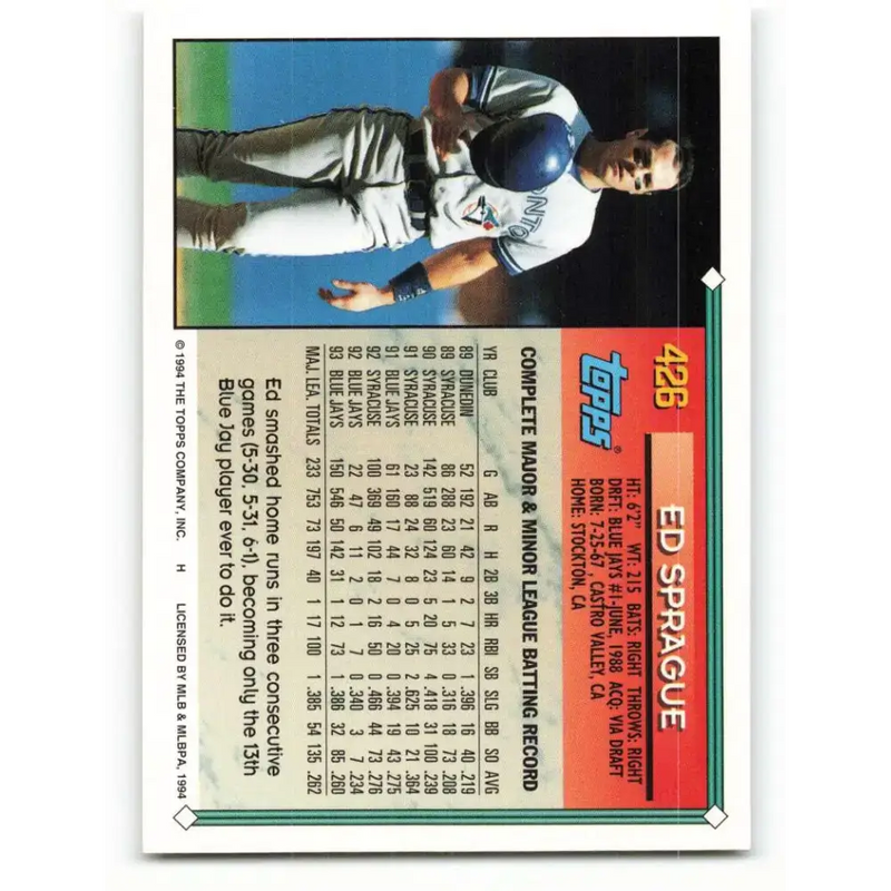 1994 Topps #426 Ed Sprague EX Excellent Toronto Blue Jays Baseball Card - Baseball Card Single
