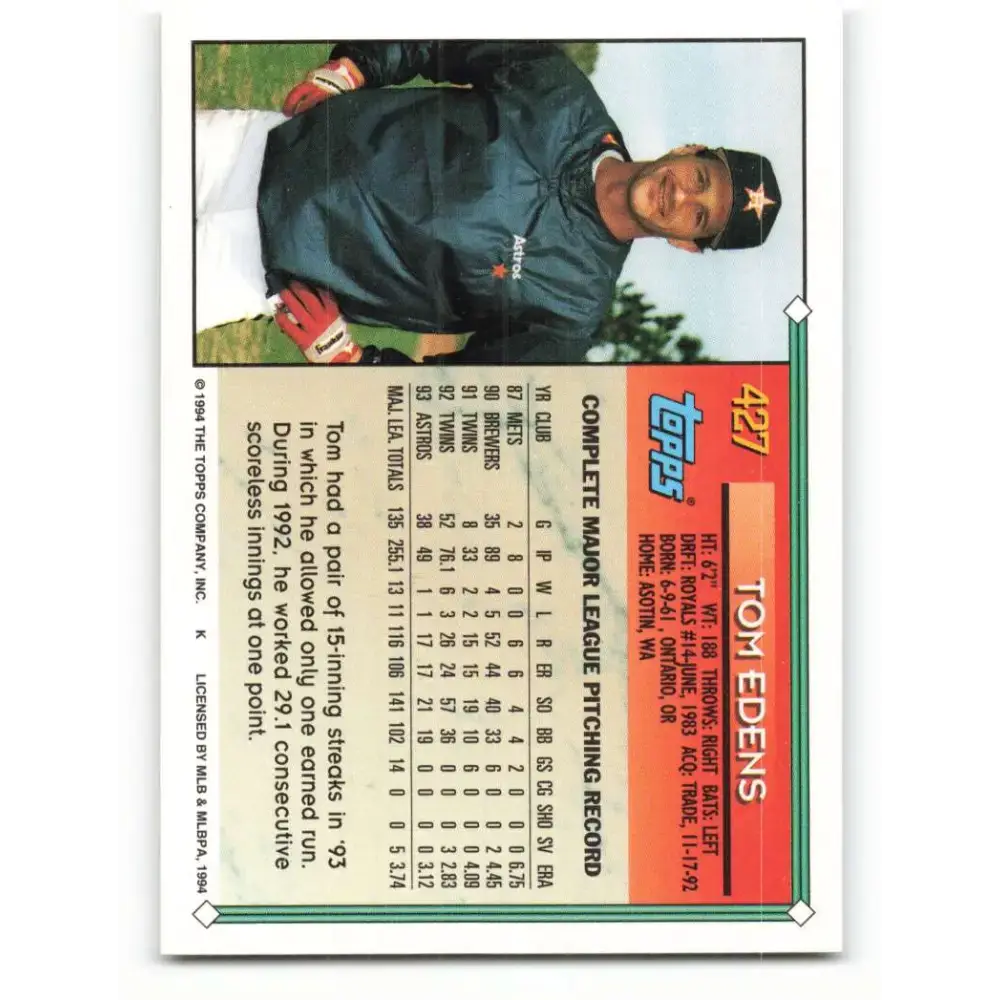 1994 Topps #427 Tom Edens EX Excellent Houston Astros Baseball Card - Baseball Card Single