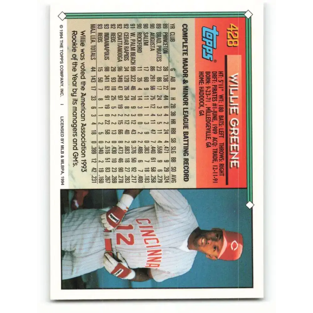1994 Topps #428 Willie Greene EX Excellent Cincinnati Reds Baseball Card - Baseball Card Single
