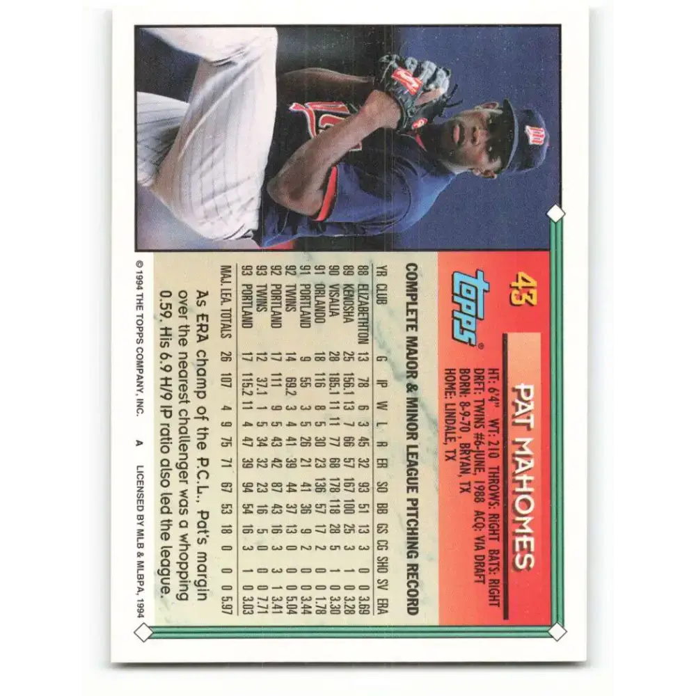 1994 Topps #43 Pat Mahomes EX Excellent Minnesota Twins Baseball Card - Baseball Card Single