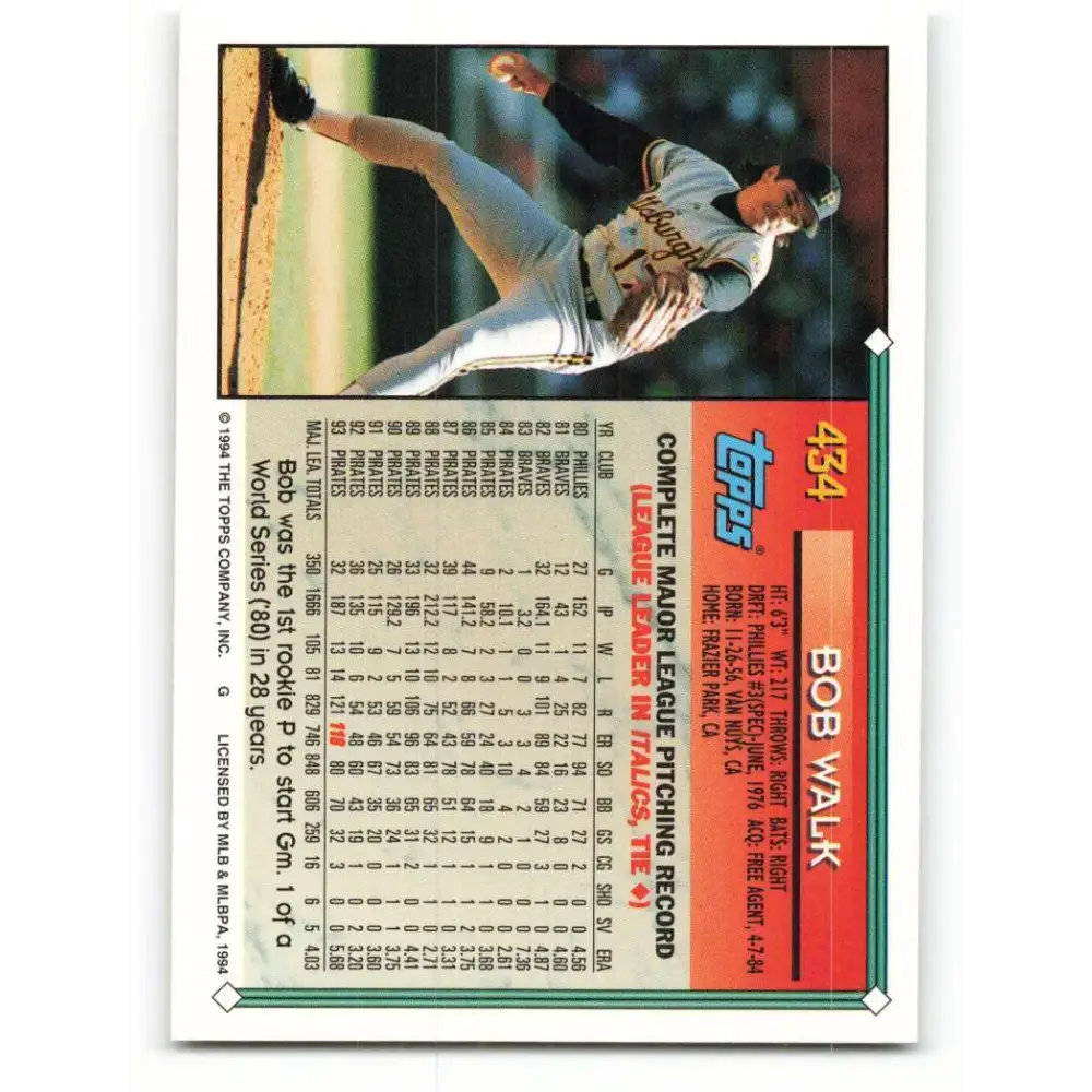 1994 Topps #434 Bob Walk EX Excellent Pittsburgh Pirates Baseball Card - Baseball Card Single