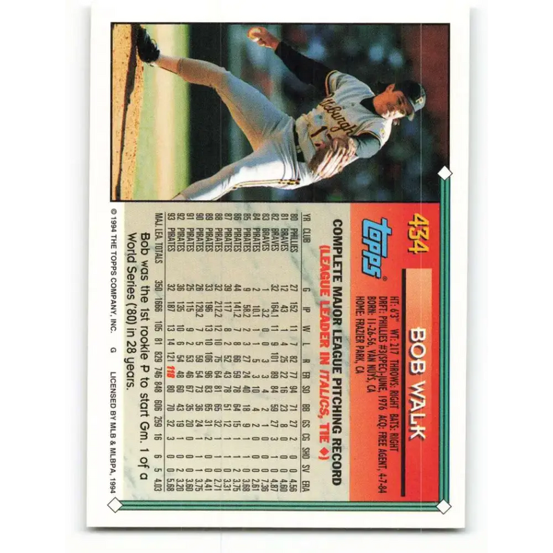 1994 Topps #434 Bob Walk EX Excellent Pittsburgh Pirates Baseball Card - Baseball Card Single