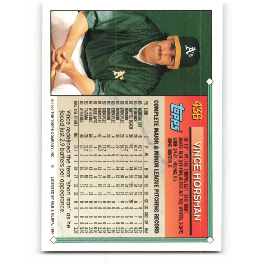 1994 Topps #436 Vince Horsman EX Excellent Oakland Athletics Baseball Card