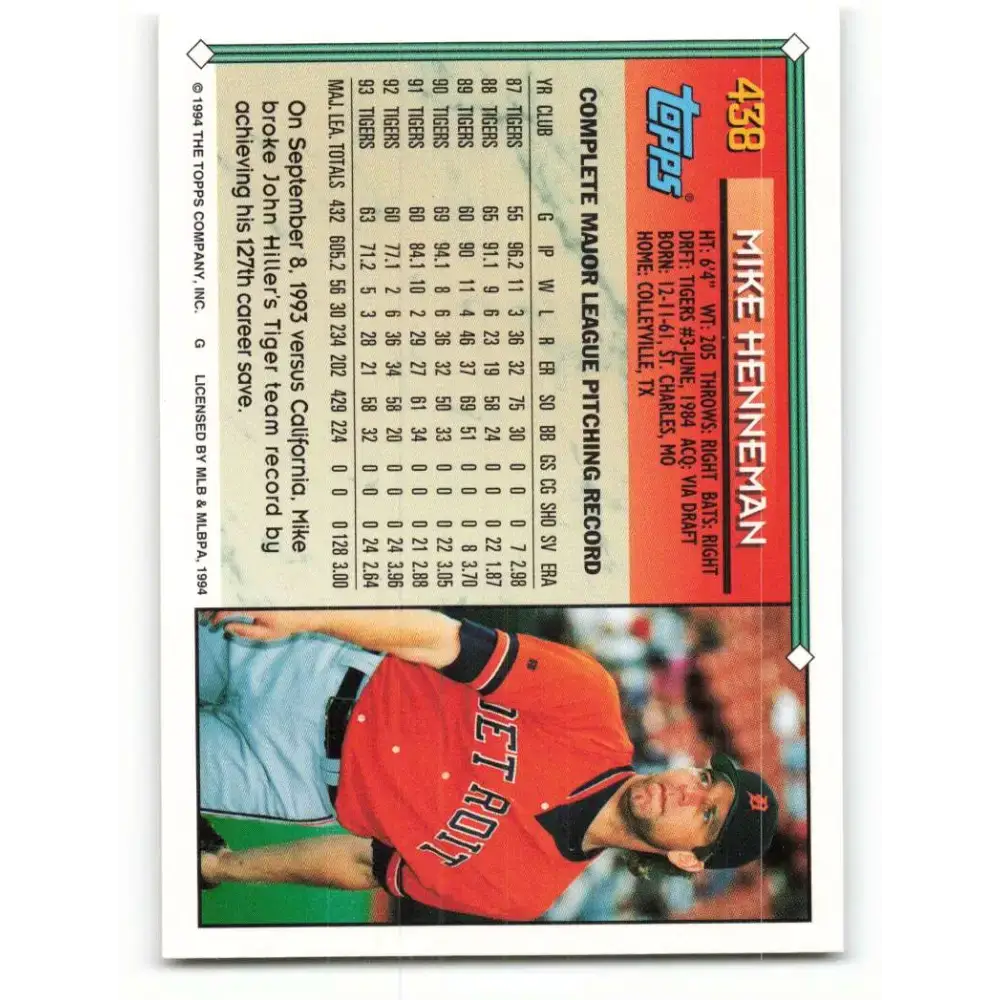 1994 Topps #438 Mike Henneman EX Excellent Detroit Tigers Baseball Card - Baseball Card Single