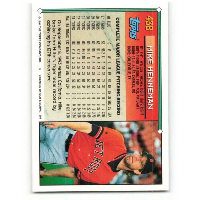 1994 Topps #438 Mike Henneman EX Excellent Detroit Tigers Baseball Card - Baseball Card Single