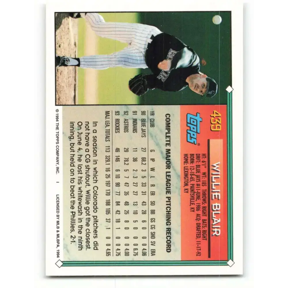 1994 Topps #439 Willie Blair EX Excellent Colorado Rockies Baseball Card - Baseball Card Single