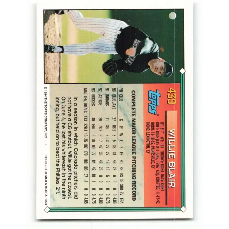 1994 Topps #439 Willie Blair EX Excellent Colorado Rockies Baseball Card - Baseball Card Single