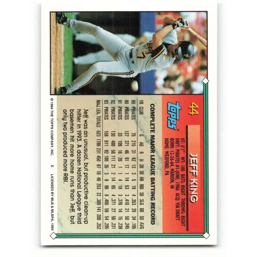1994 Topps #44 Jeff King EX Excellent Pittsburgh Pirates Baseball Card - Baseball Card Single