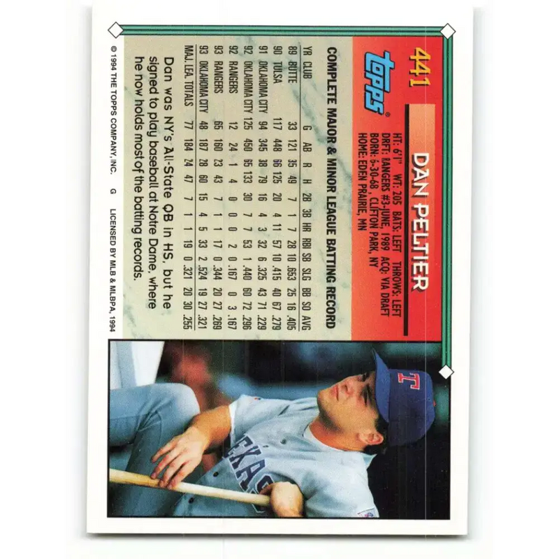 1994 Topps #441 Dan Peltier EX Excellent Texas Rangers Baseball Card - Baseball Card Single