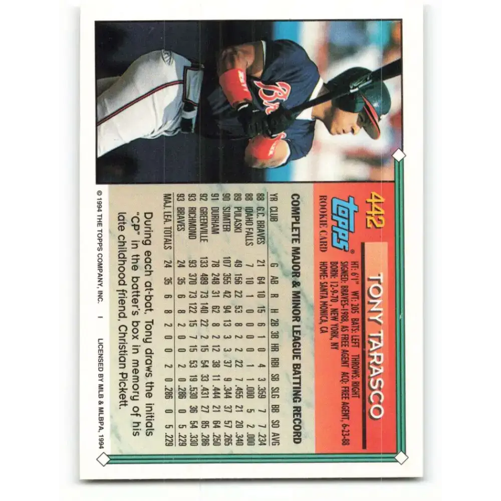 1994 Topps #442 Tony Tarasco EX Excellent Atlanta Braves Baseball Card - Baseball Card Single