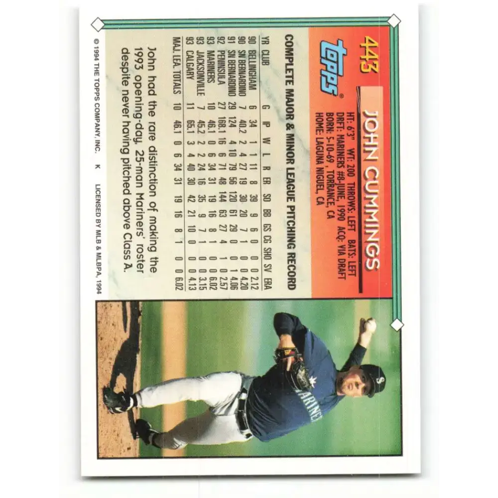 1994 Topps #443 John Cummings EX Excellent Seattle Mariners Baseball Card - Baseball Card Single