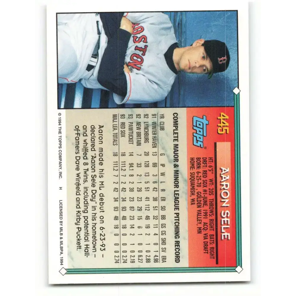 1994 Topps #445 Aaron Sele EX Excellent Boston Red Sox Baseball Card - Baseball Card Single