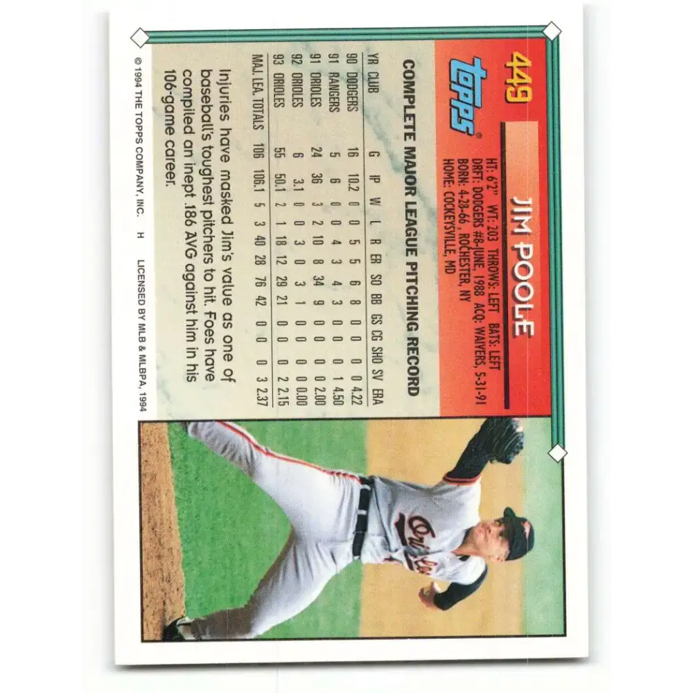 1994 Topps #449 Jim Poole EX Excellent Baltimore Orioles Baseball Card - Baseball Card Single