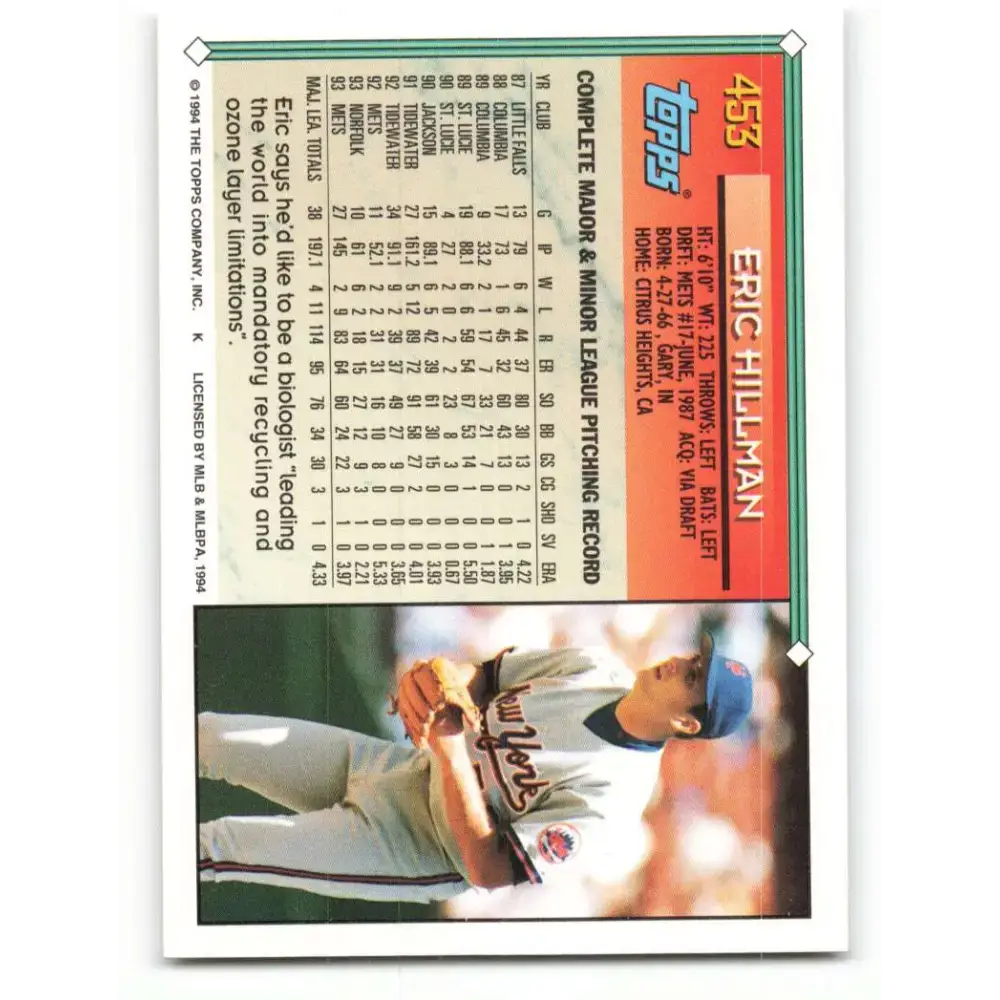 1994 Topps #453 Eric Hillman EX Excellent New York Mets Baseball Card - Baseball Card Single
