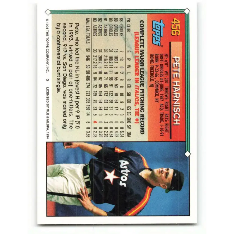 1994 Topps #456 Pete Harnisch EX Excellent Houston Astros Baseball Card - Baseball Card Single