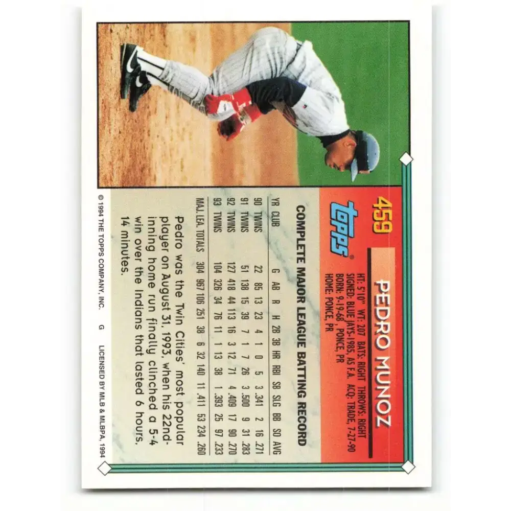 1994 Topps #459 Pedro Munoz EX Excellent Minnesota Twins Baseball Card - Baseball Card Single