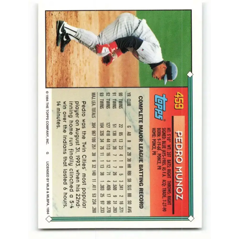 1994 Topps #459 Pedro Munoz EX Excellent Minnesota Twins Baseball Card - Baseball Card Single