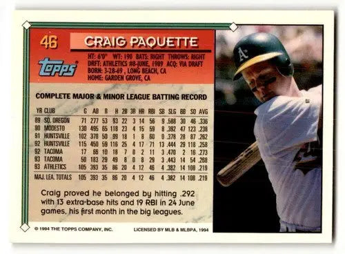 1994 Topps Craig Paquette NRMT baseball card with batting stats and action photo