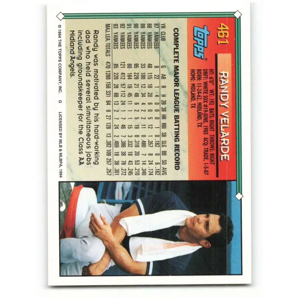 1994 Topps #461 Randy Velarde EX Excellent New York Yankees Baseball Card - Baseball Card Single