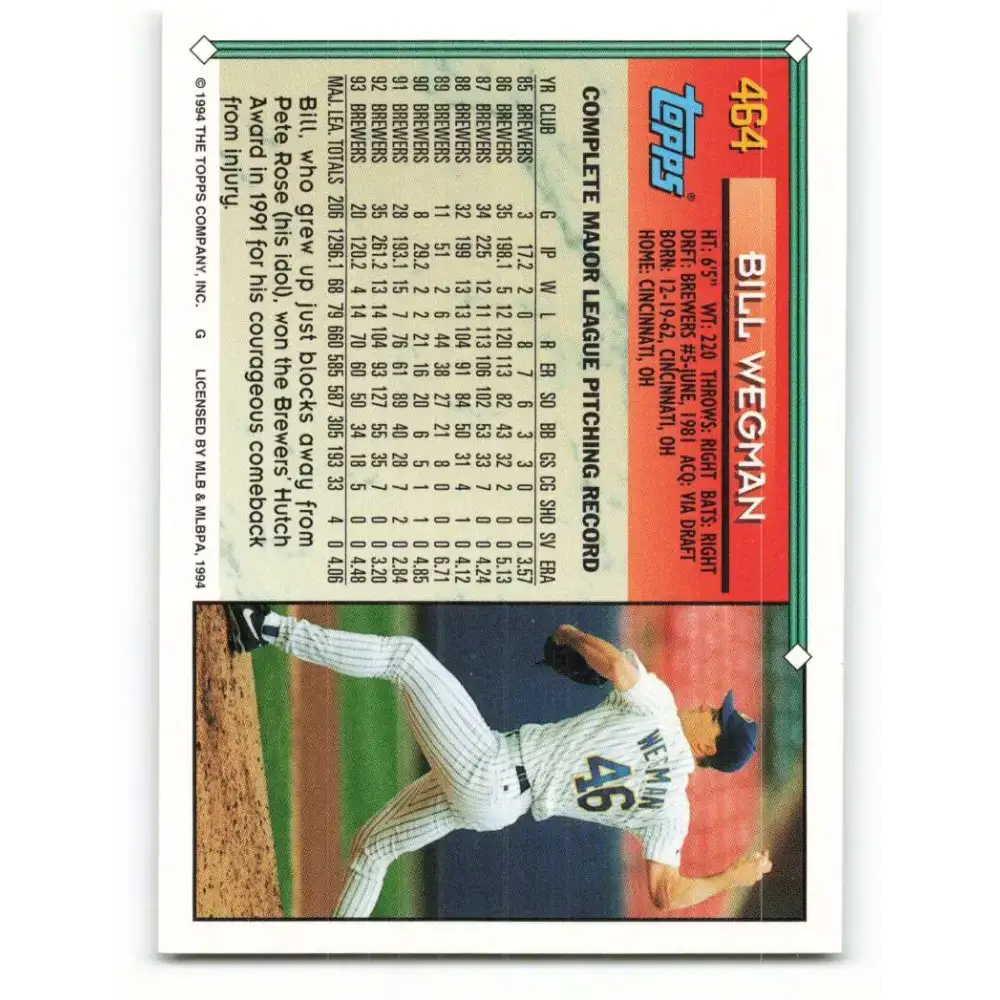 1994 Topps #464 Bill Wegman EX Excellent Milwaukee Brewers Baseball Card - Baseball Card Single