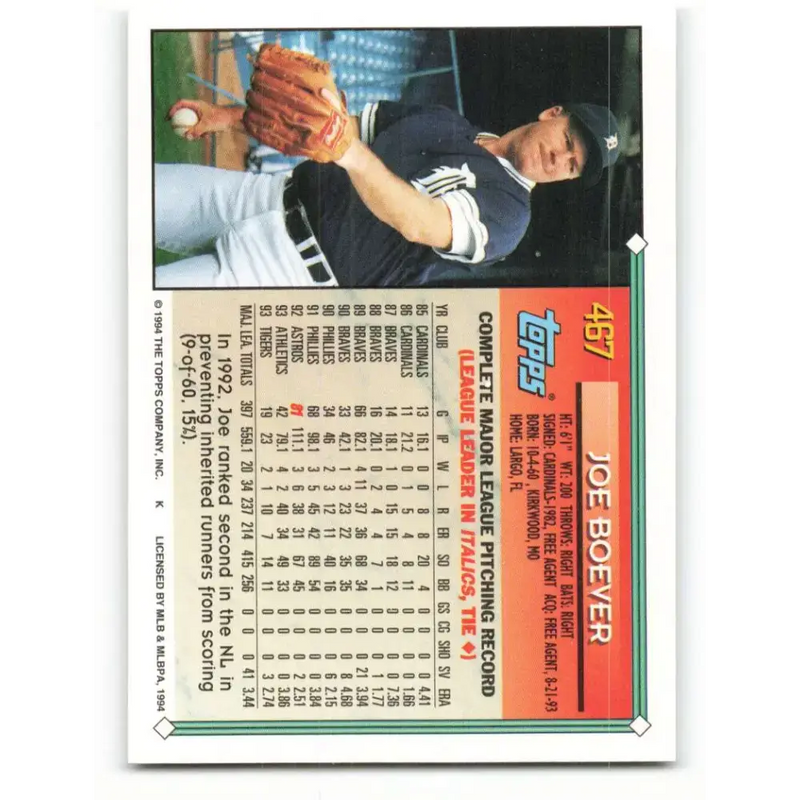 1994 Topps #467 Joe Boever EX Excellent Detroit Tigers Baseball Card - Baseball Card Single