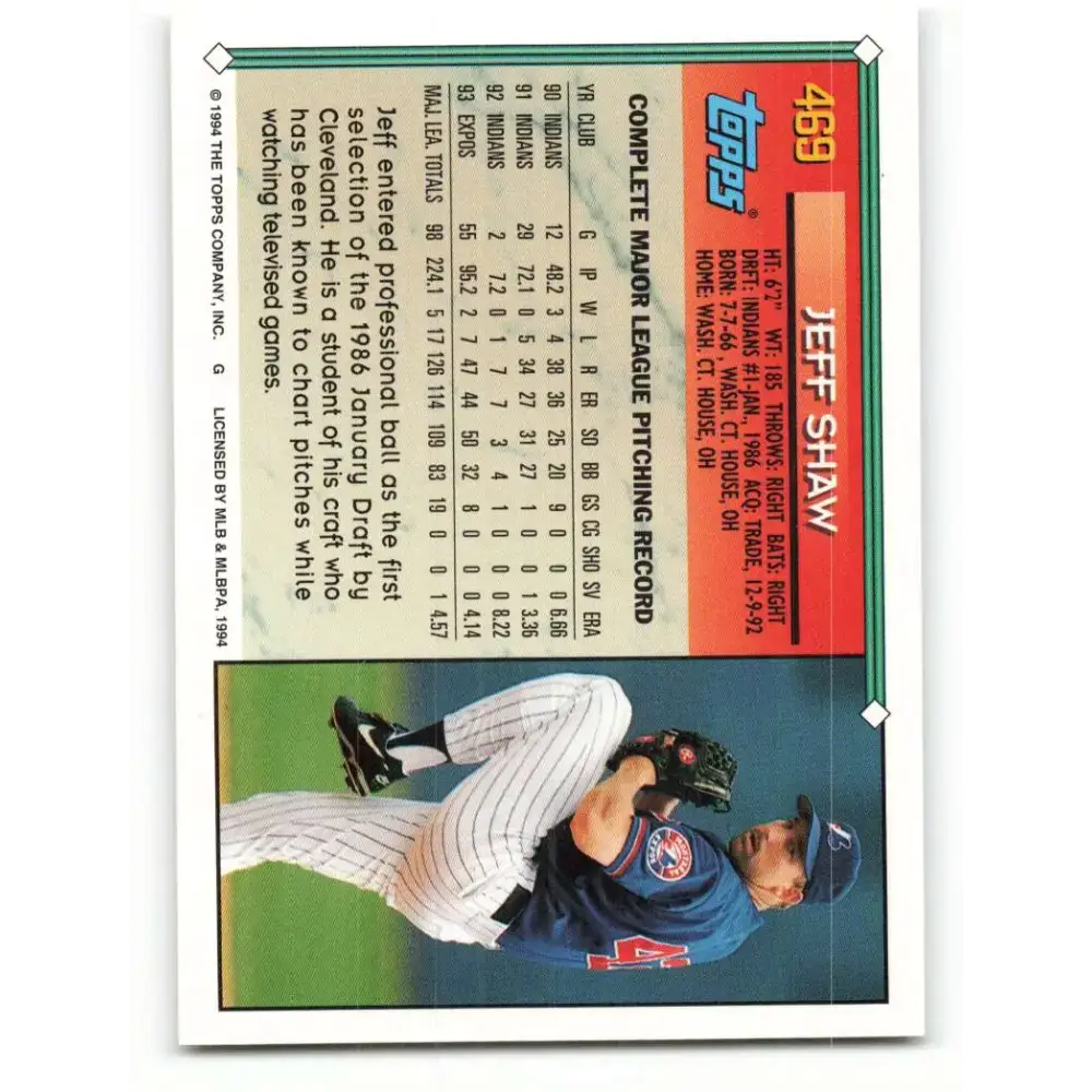 1994 Topps #469 Jeff Shaw EX Excellent Montreal Expos Baseball Card - Baseball Card Single