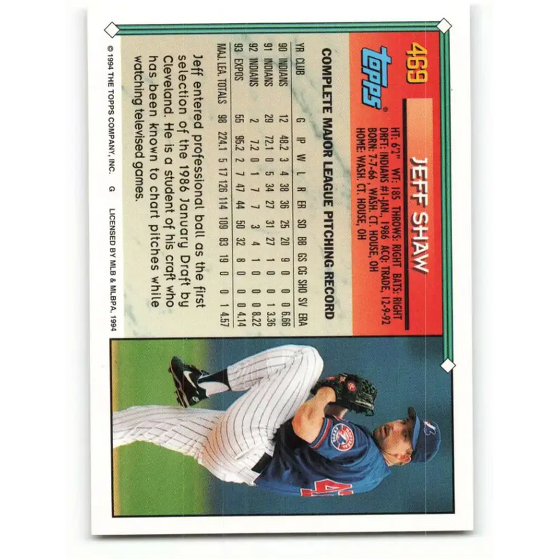 1994 Topps #469 Jeff Shaw EX Excellent Montreal Expos Baseball Card - Baseball Card Single