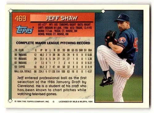 Original gloss Jeff Shaw Montreal baseball card from 1994 Topps #469 shaw Montreal Expos