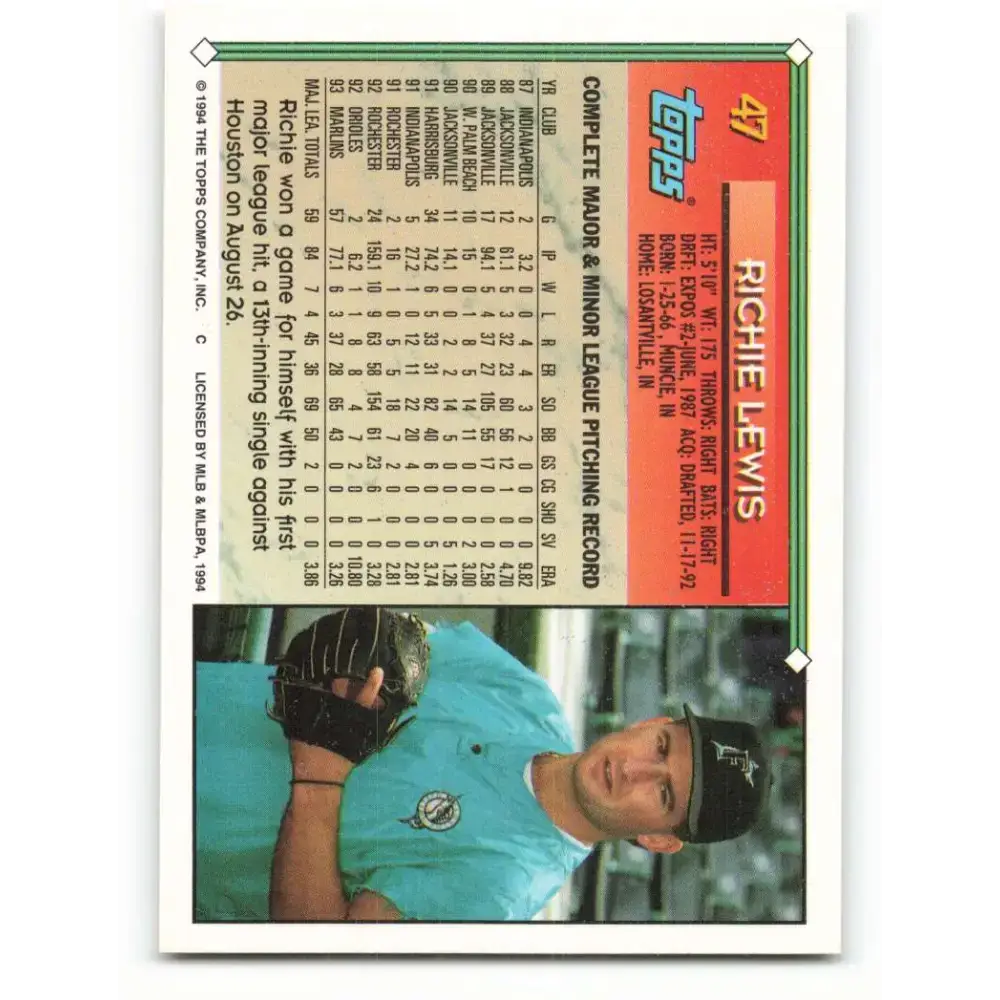 1994 Topps #47 Richie Lewis EX Excellent Florida Marlins Baseball Card - Baseball Card Single