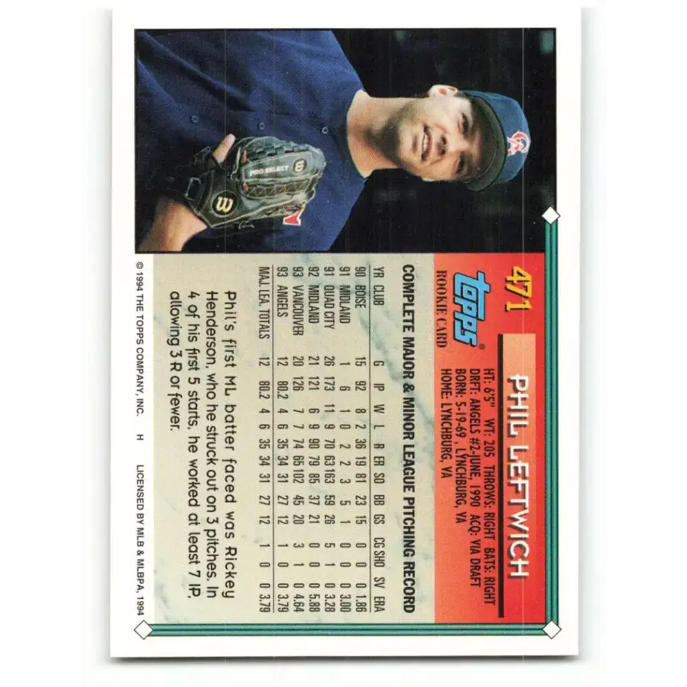 1994 Topps #471 Phil Leftwich EX Excellent RC Rookie California Angels Baseball Card - Baseball Card Single