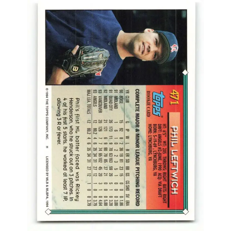 1994 Topps #471 Phil Leftwich EX Excellent RC Rookie California Angels Baseball Card - Baseball Card Single
