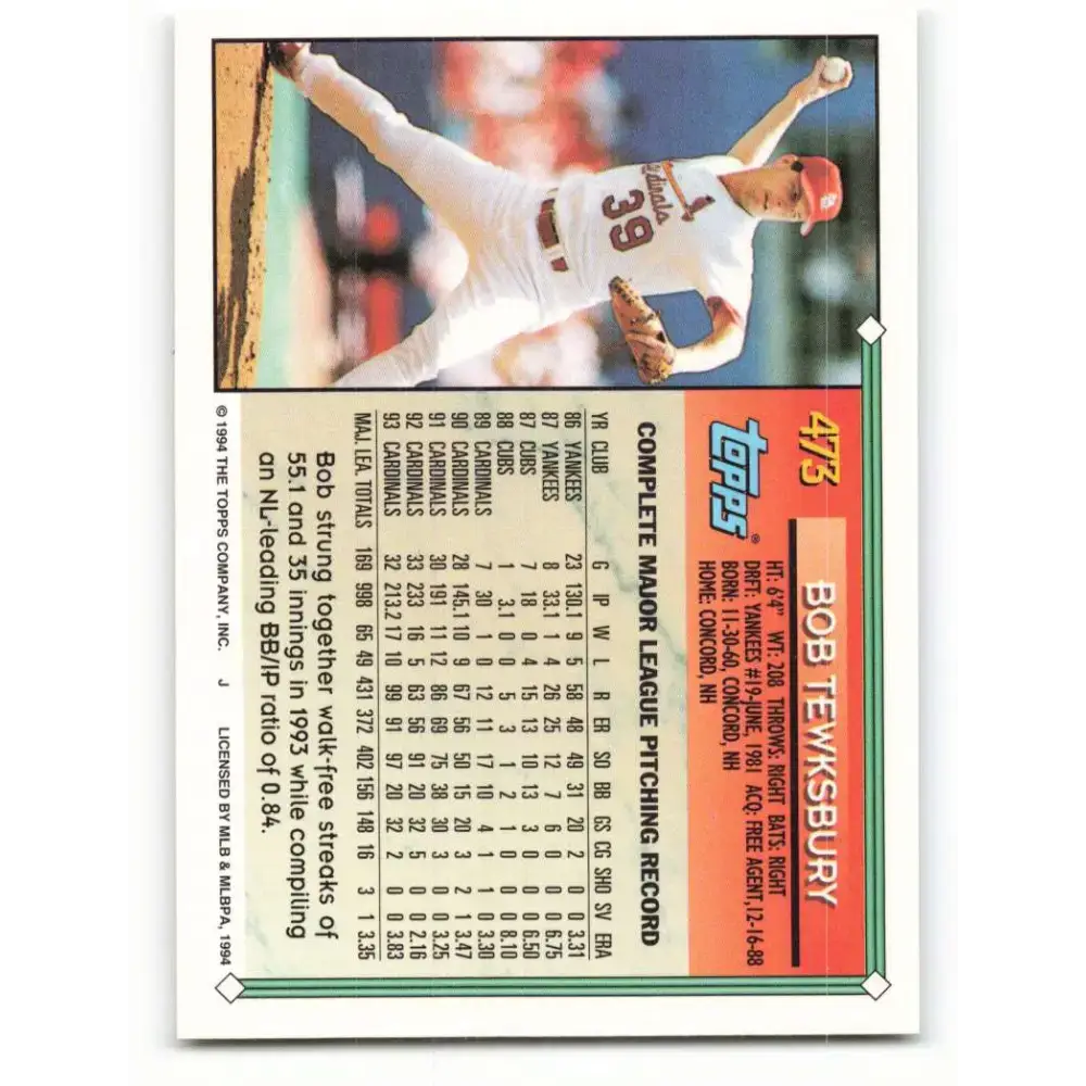 1994 Topps #473 Bob Tewksbury EX Excellent St. Louis Cardinals Baseball Card - Baseball Card Single