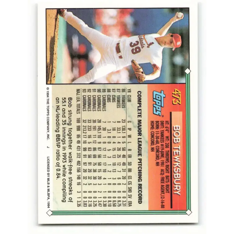 1994 Topps #473 Bob Tewksbury EX Excellent St. Louis Cardinals Baseball Card - Baseball Card Single