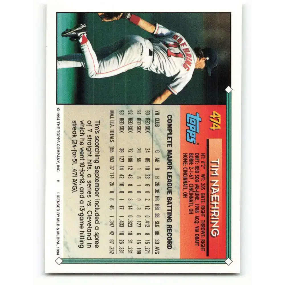 1994 Topps #474 Tim Naehring EX Excellent Boston Red Sox Baseball Card - Baseball Card Single