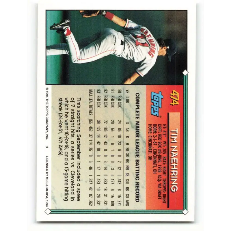 1994 Topps #474 Tim Naehring EX Excellent Boston Red Sox Baseball Card - Baseball Card Single