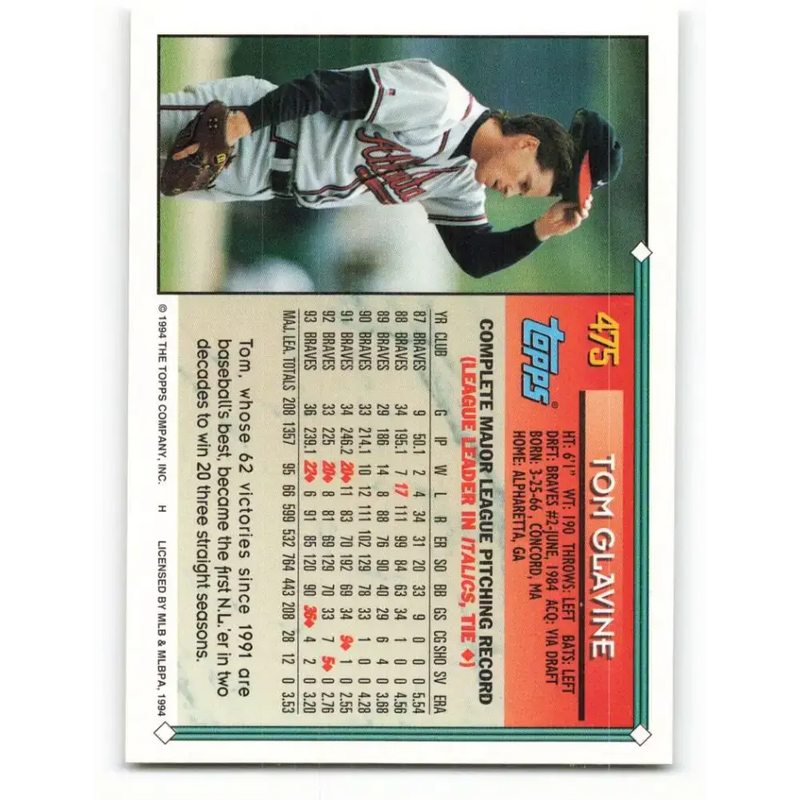1994 Topps #475 Tom Glavine EX Excellent Atlanta Braves Baseball Card - Baseball Card Single