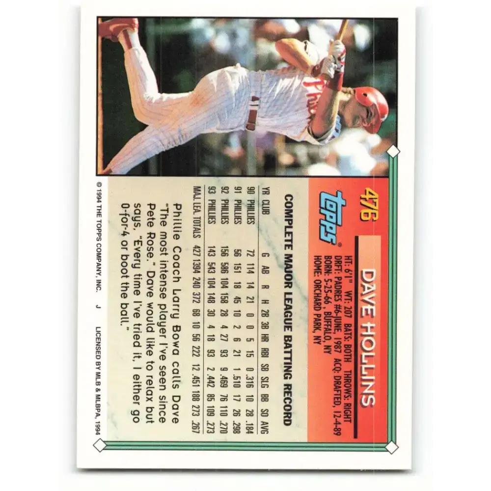 1994 Topps #476 Dave Hollins EX Excellent Philadelphia Phillies Baseball Card - Baseball Card Single