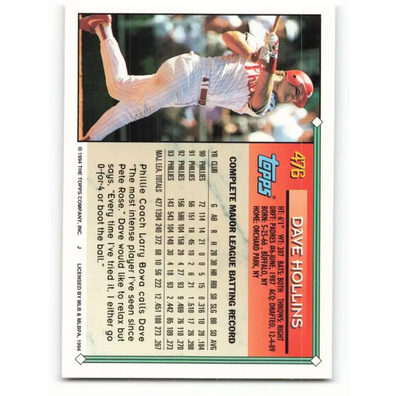 1994 Topps #476 Dave Hollins EX Excellent Philadelphia Phillies Baseball Card - Baseball Card Single