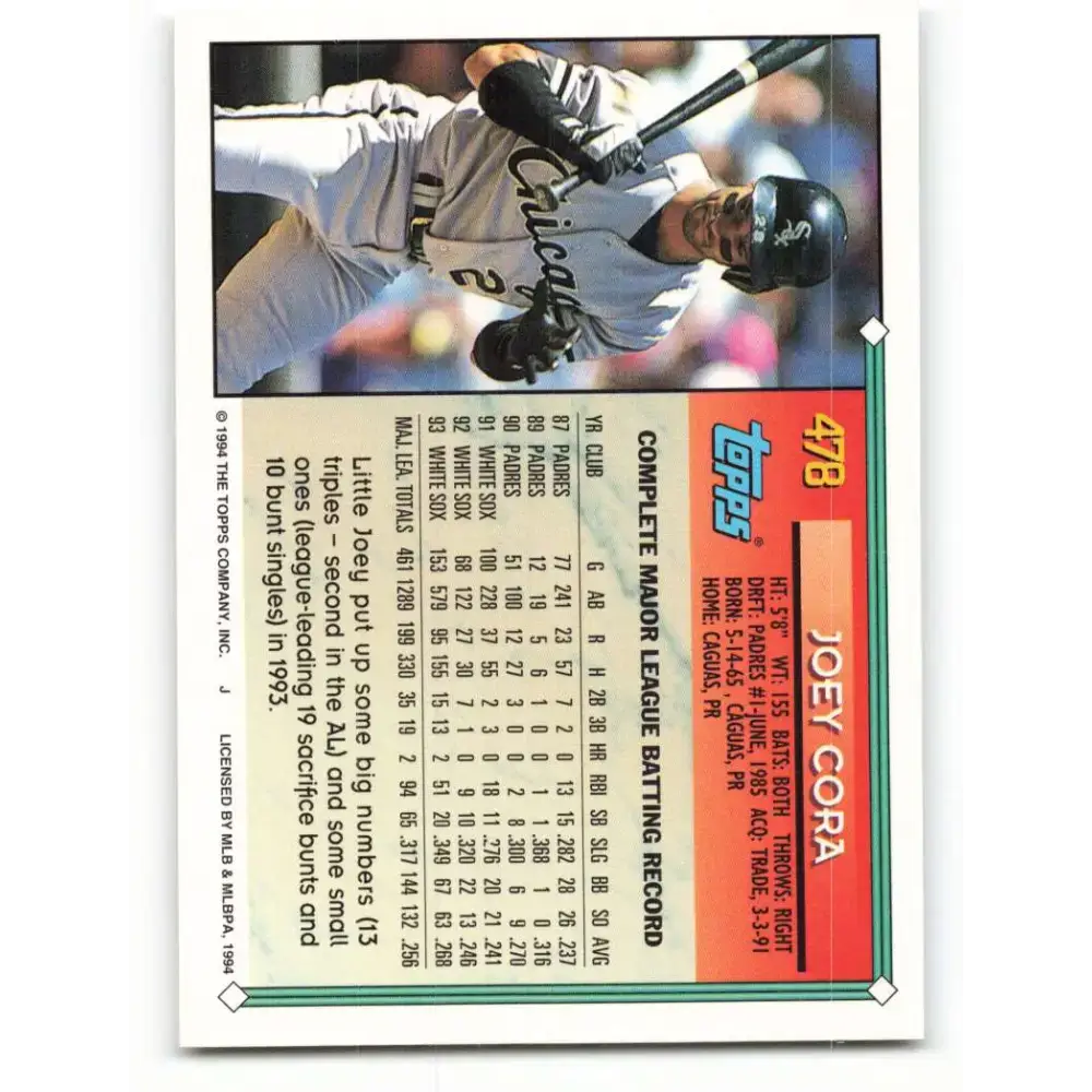 1994 Topps #478 Joey Cora EX Excellent Chicago White Sox Baseball Card - Baseball Card Single